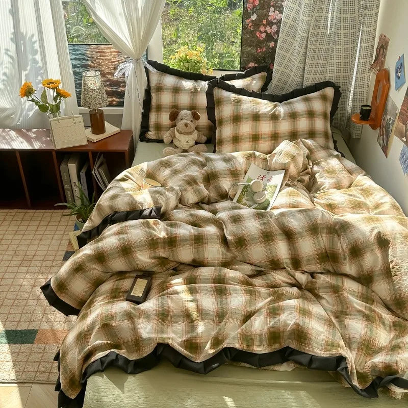 Plaid Bedding Set Double Yarn Classic Vintage Duvet Cover Set Flat Sheets Set 2 Pillowcases