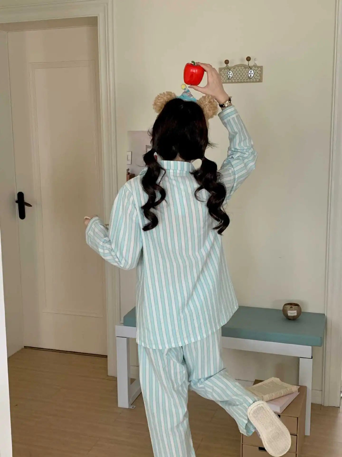 Japanese Style Women's Striped Pajama Set 100% Cotton Long Sleeve Long Pants Two Piece Set