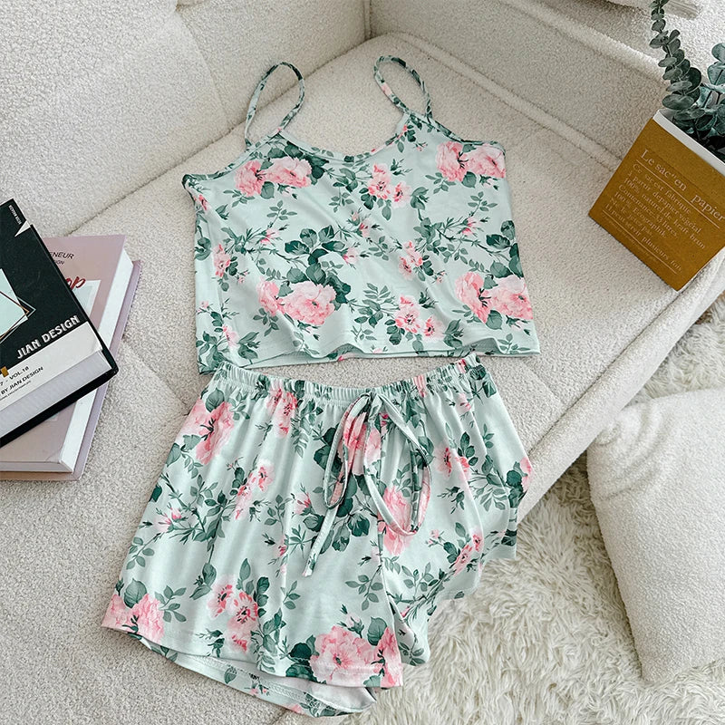 Sexy Print Camisole Sleeveless Crop Top and Shorts Soft Comfy Sleepwear