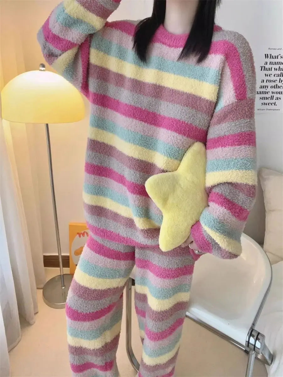 Cute Rainbow Pattern Simple Half-Fleece Warm Pajamas