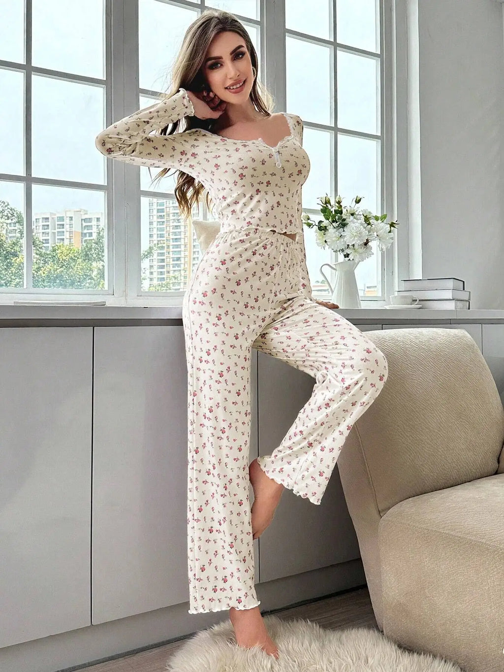 Floral Print Lettuce Trim Top with Long Pants