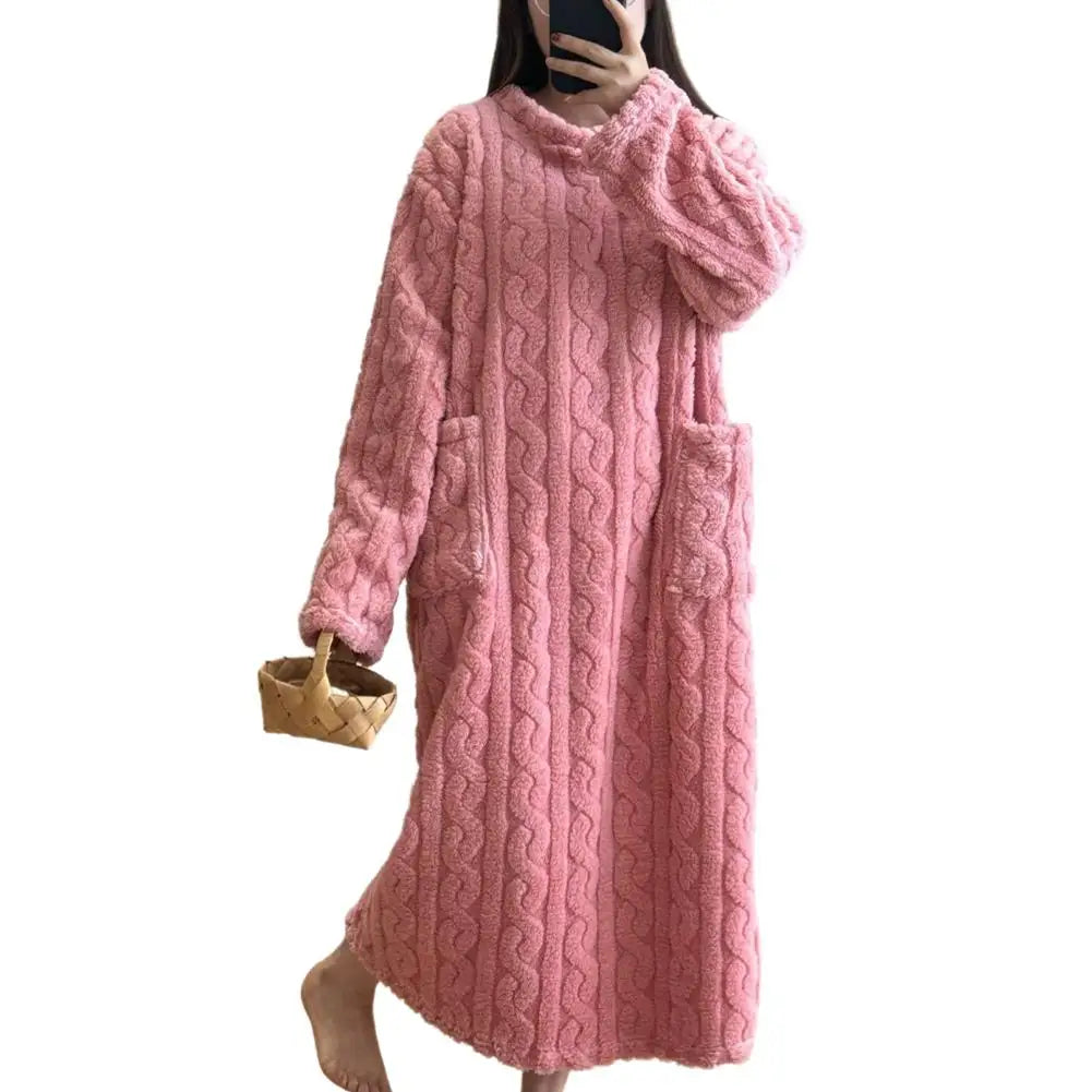 Velvet Women's Long Sleeve Double Pocket Flannel Loose Solid Sleepwear