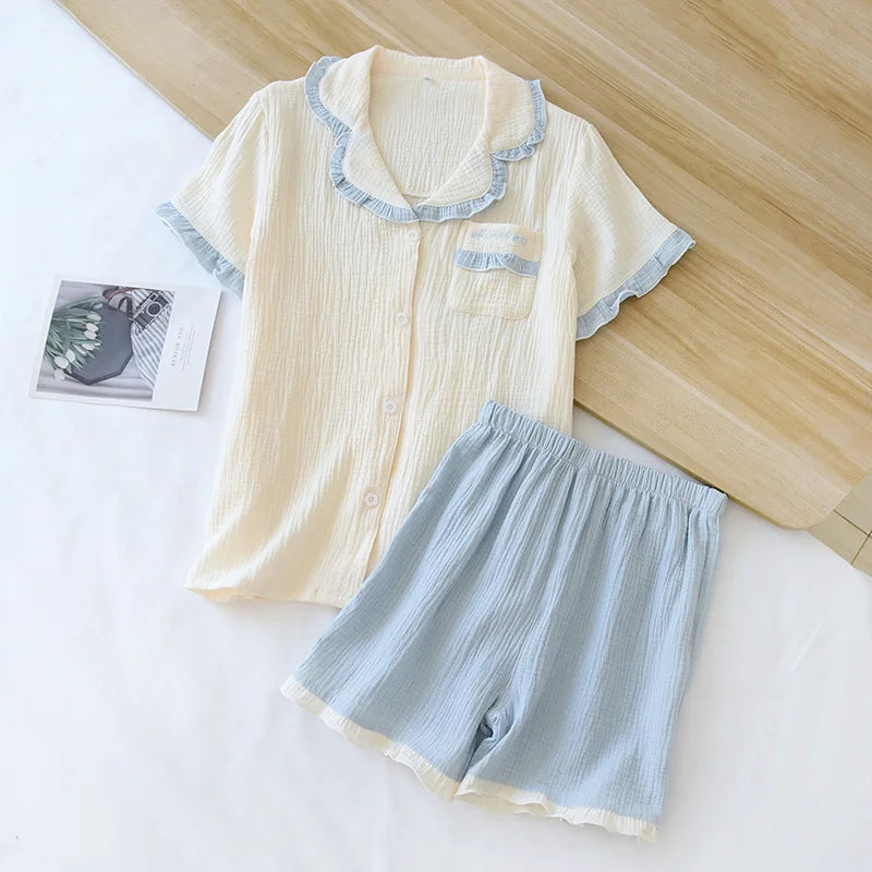 Japanese Short-sleeved Shorts Two-piece Ladies Cotton Crepe Cute Fresh Loose Set