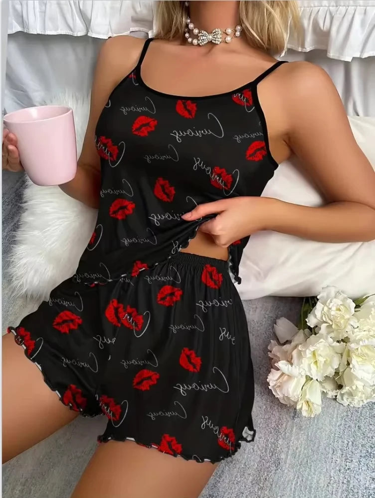 Women's Printed Suspender Top and Elastic Waist Shorts Pajama Set