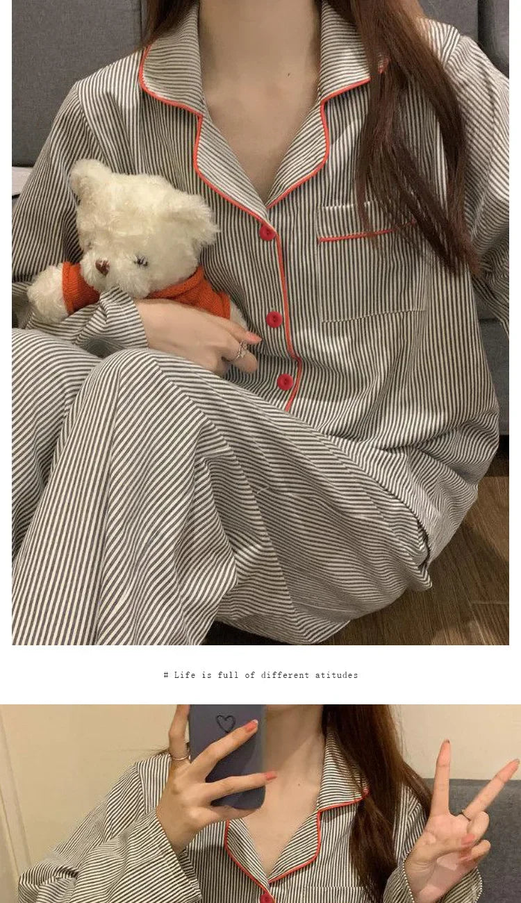 Loose Breathable Cardigan Gray Striped Fashion Loungewear