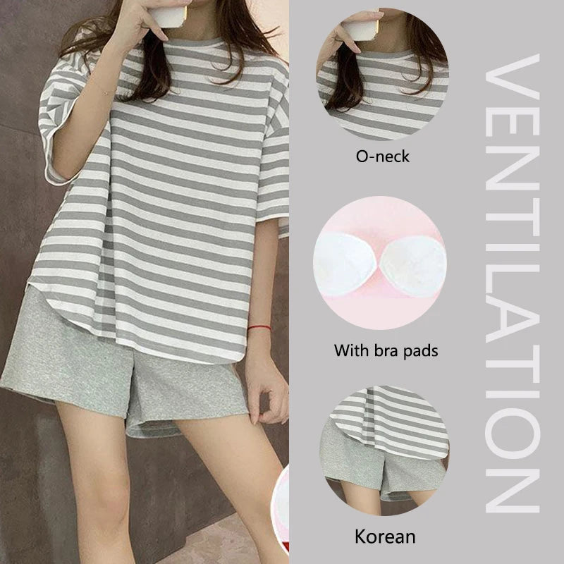 Oversized Women Striped Short Sleeve Shorts Two-piece with Self Chest Pads