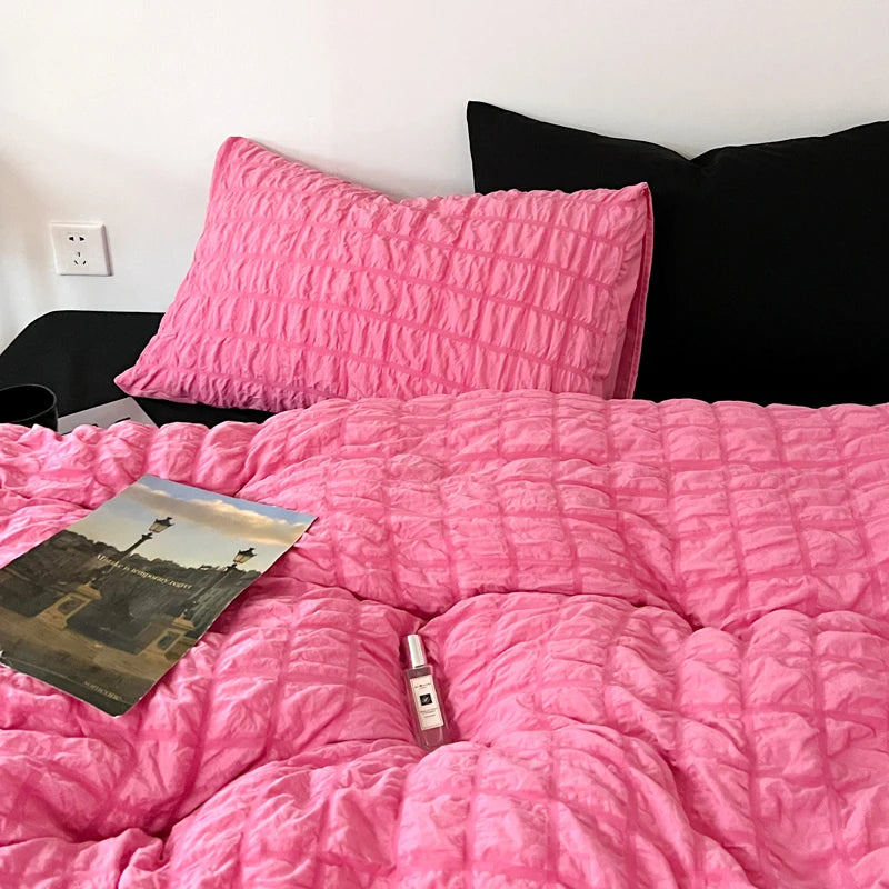 Puffy Check Bubble Fabric Set Duvet Pillowcase Bedding Sheet Quilt Cover Set
