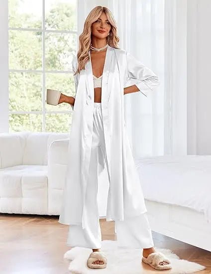 Satin Robe Belted Elegant Solid Color Silky Comfort Bathrobe Loungewear