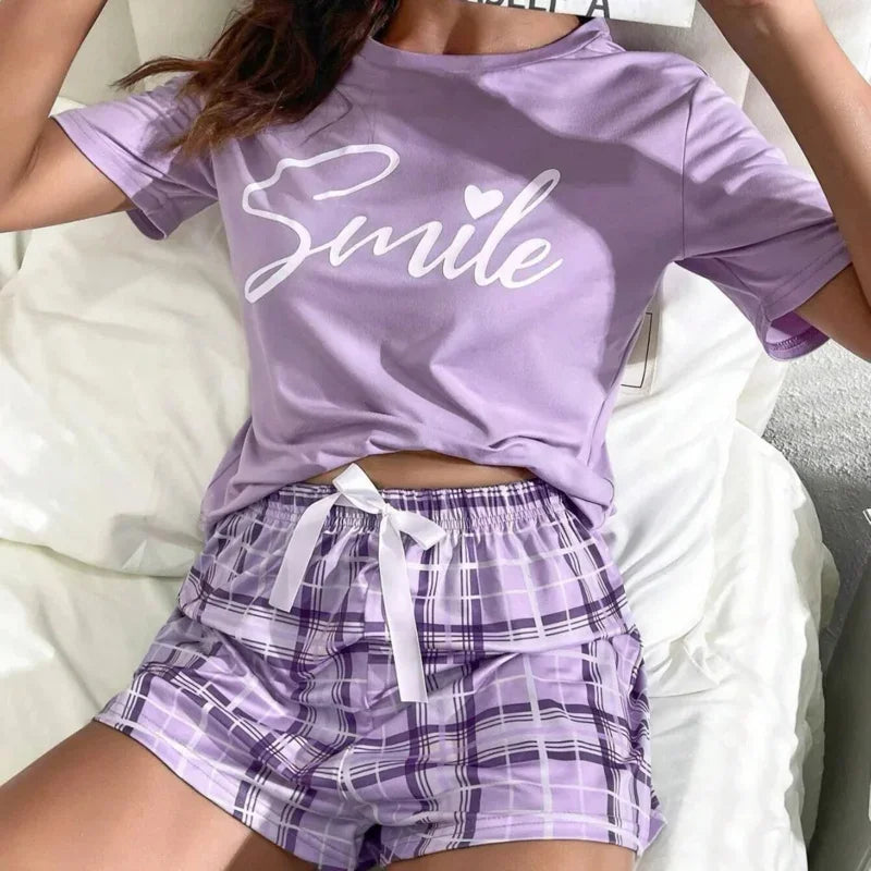 Short Sleeve Top and Pants Sleepwear Faux Cotton Grid Print Loungewear