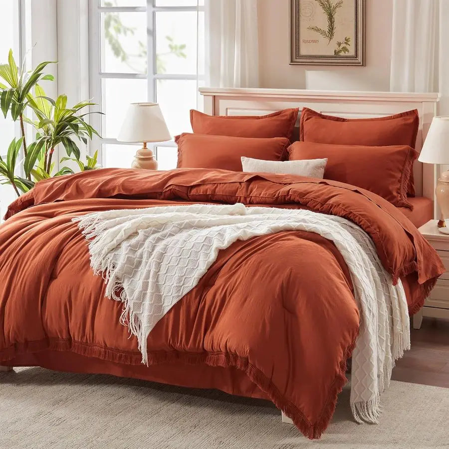 King Size Comforter Set with Sheets Burnt Orange 7 Pieces Bed in a Bag Boho Soft Lightweight Bedding Sets,l Terracotta Rust Tasse