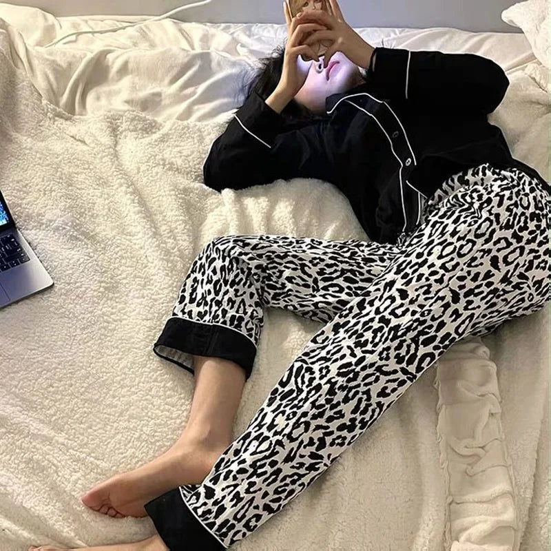 Ladies Black Leopard Cardigan Set