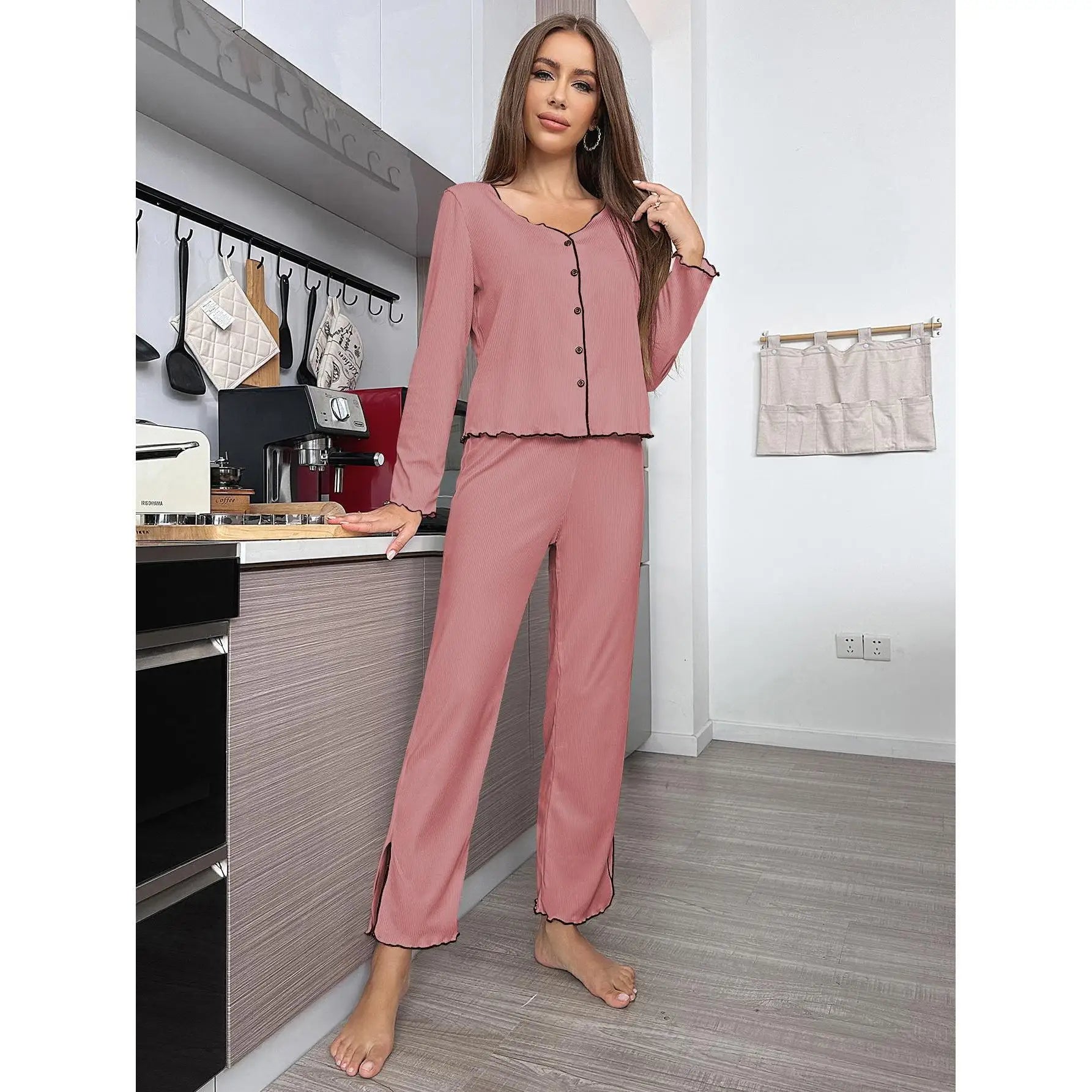 Pit Stripe Cardigan Long-sleeved Trousers Loungewear Set