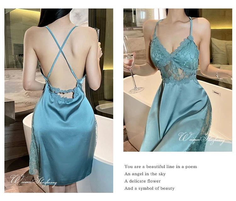 Sexy Camisole Nightgown Satin Deep V Backless Luxury Sleepwear
