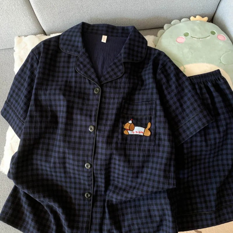 Embroidery Lapel Neck Elastic Waist Short Design Pajamas Set