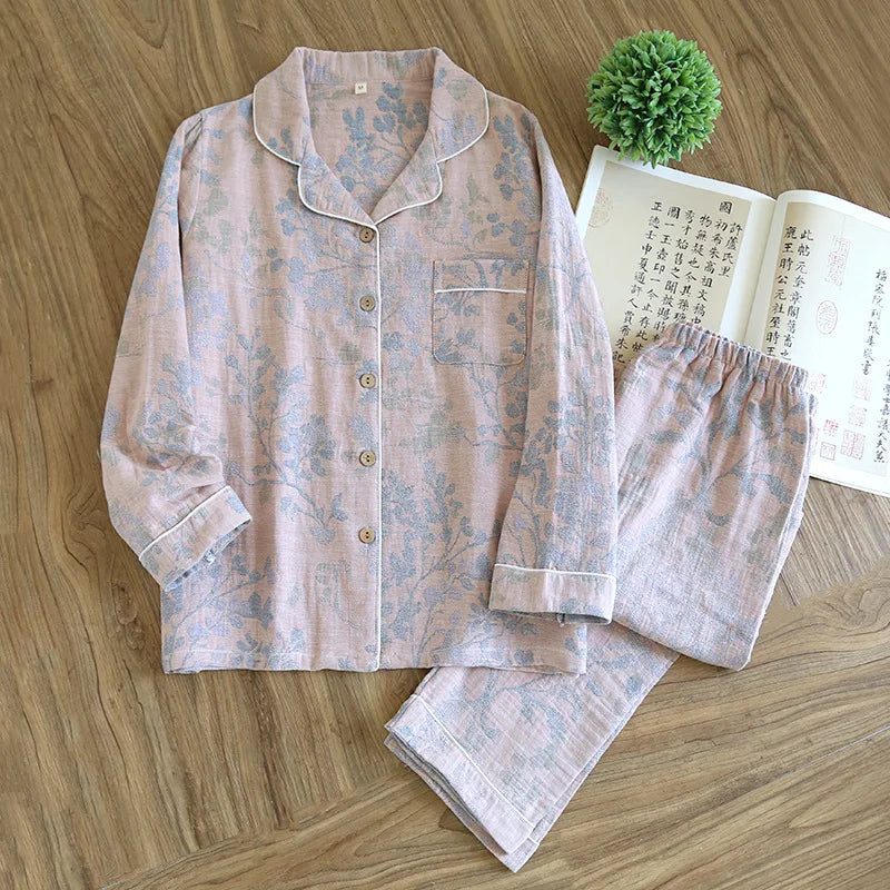 Spring 100% Cotton Gauze Retro Color Knitted Long Sleeve Two Piece Pajama Set