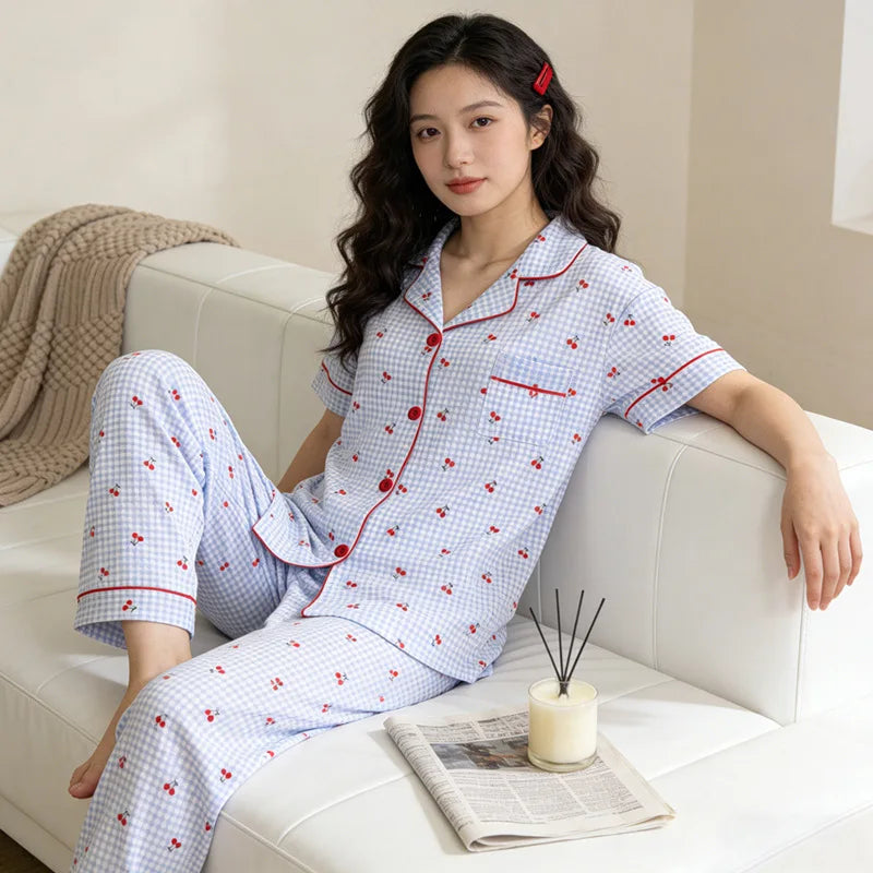 Printed Star Cardigan with Sophisticated Short-Sleeve Top and Long Pants Homewear