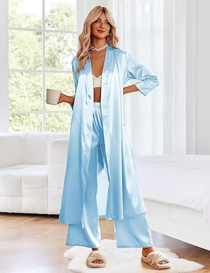 Satin Robe Belted Elegant Solid Color Silky Comfort Bathrobe Loungewear
