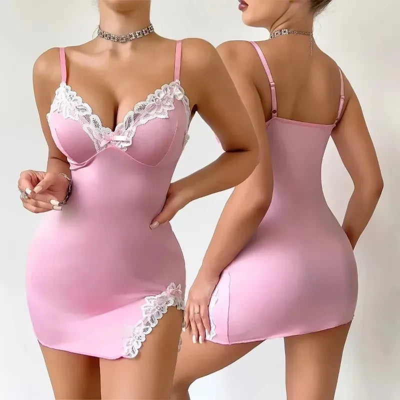 Seductive Deep V Sleeveless Lace Lingerie Nightgown