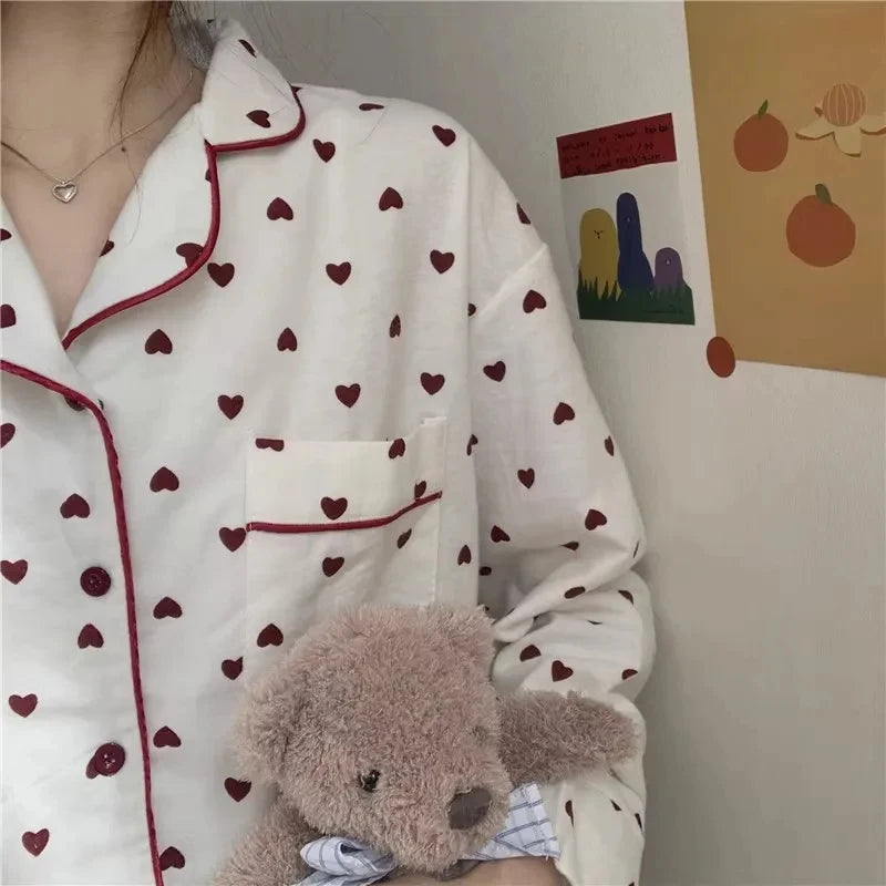 Peach Heart Long Sleeves Silk Pajamas