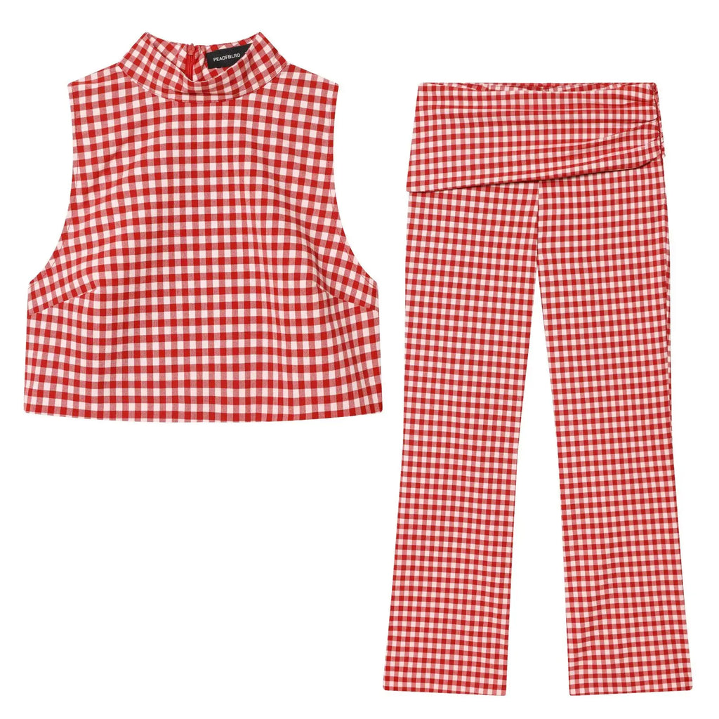 Vintage Red White Plaid 2-Piece Set Collar Zipper Sleeveless Vest+Side Slim Pant