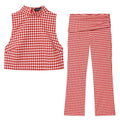 Vintage Red White Plaid 2-Piece Set Collar Zipper Sleeveless Vest+Side Slim Pant