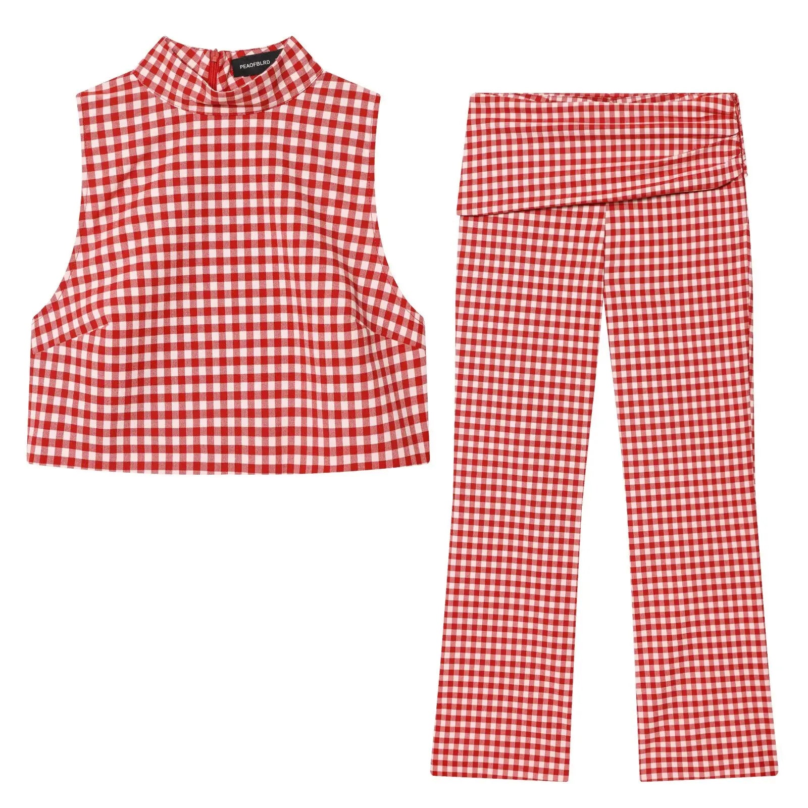 Vintage Red White Plaid 2-Piece Set Collar Zipper Sleeveless Vest+Side Slim Pant