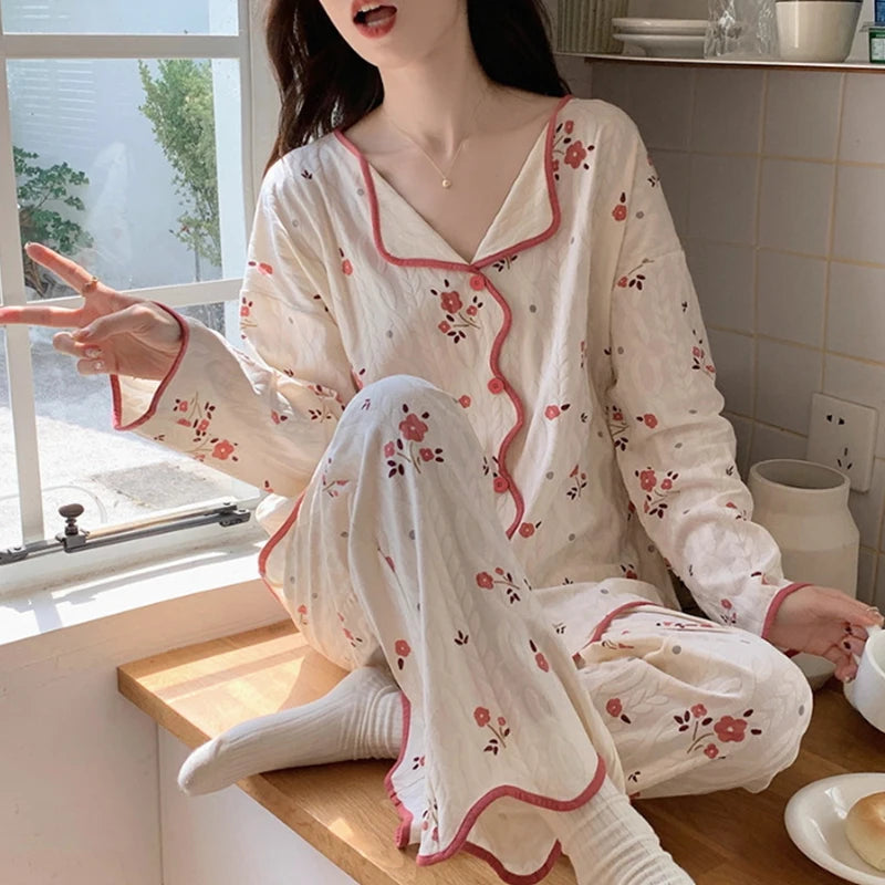 Long Sleeve Cardigan Style Jacquard Blueberry Strawberry Orange Breathable Stretch Women's Pajamas