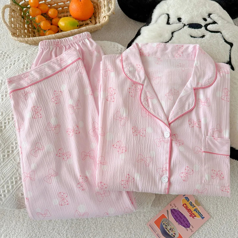 Women's Pink Bow Collar Loose Pajamas Long Sleeve Long Pants Set