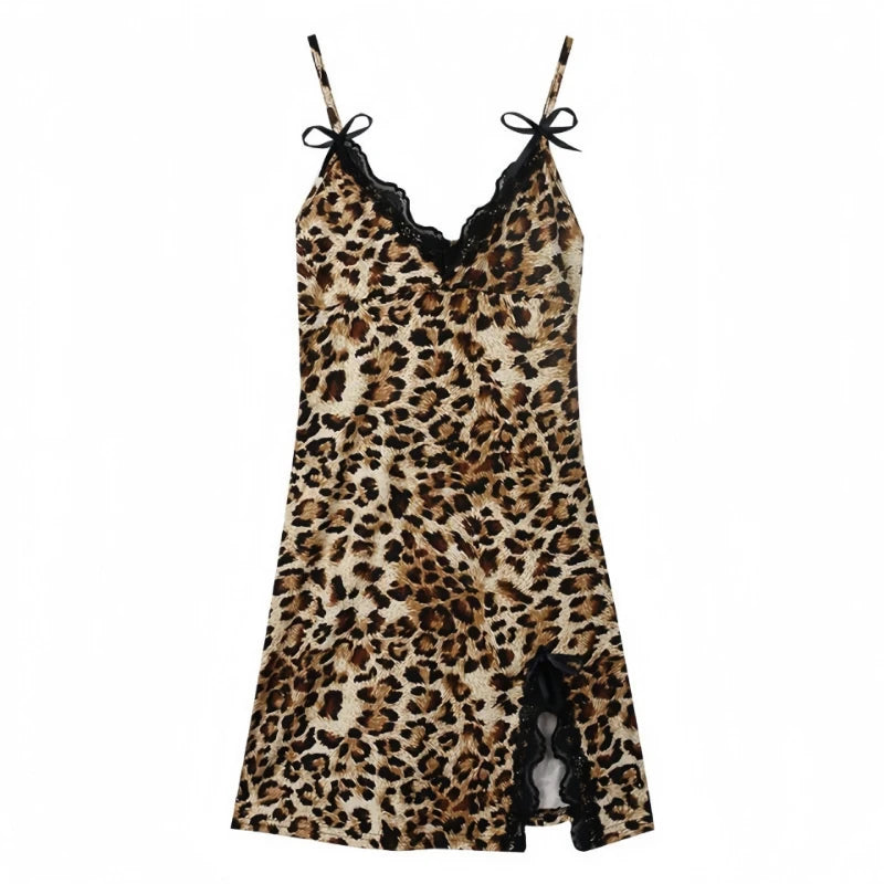 Sexy Leopard Print Lace Slit Slip Dress