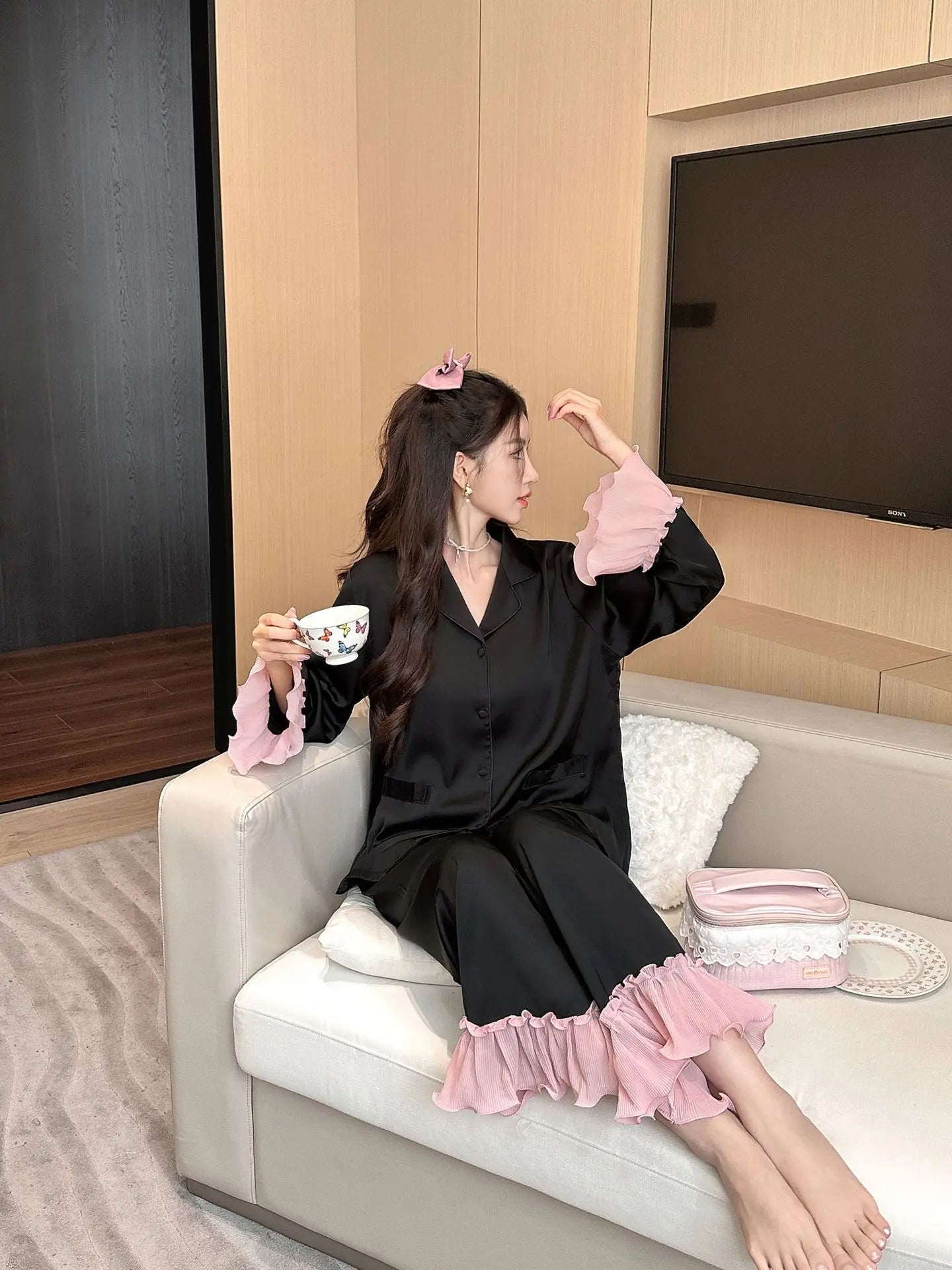 Women's Long-Sleeved Two-piece Silk Pajamas Set Solid Color Cool Nightgown