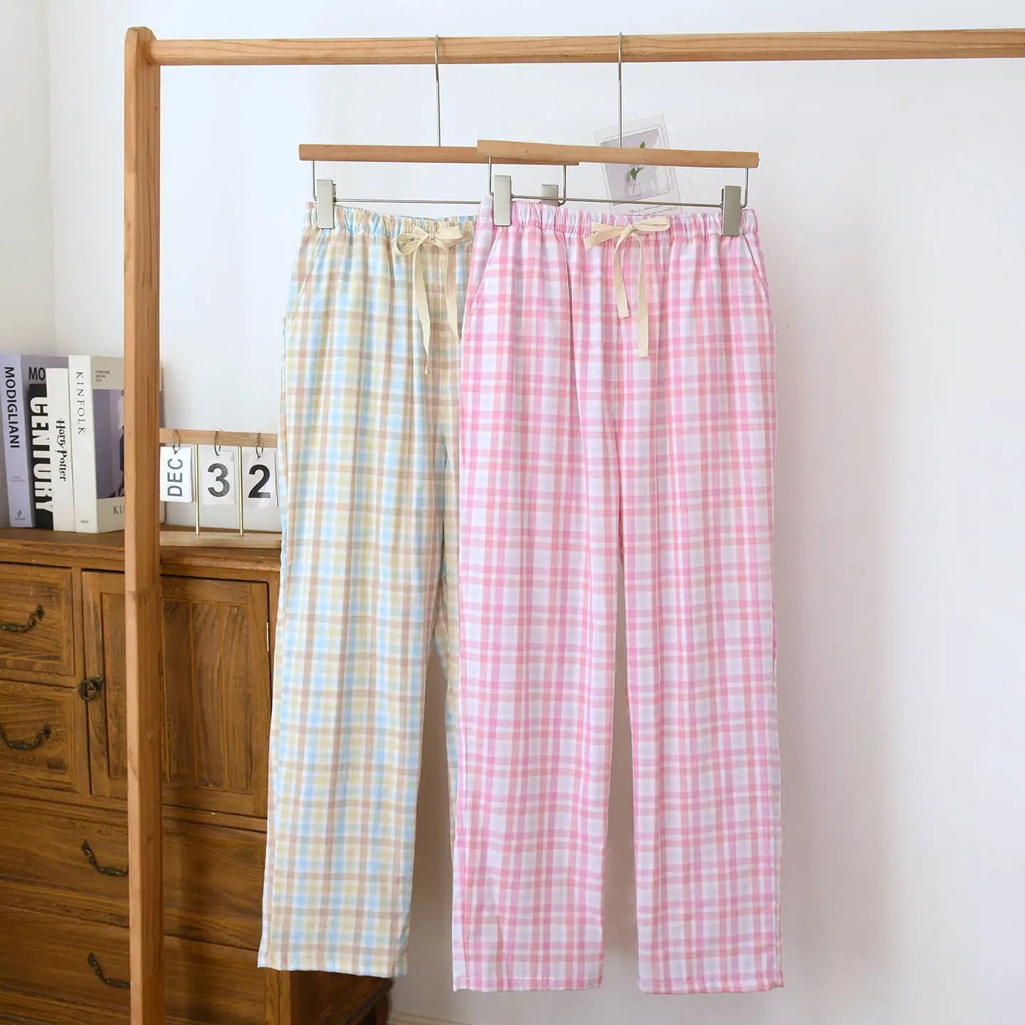 Women's Sleeper Pants 100% Gauze Pants Checkered Casual Loose Home Pants