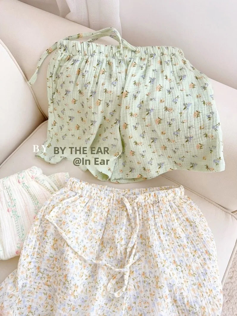 Thin Pure Cotton Bubble Cotton Gauze Sweet Loose High Waist Full Cotton Shorts