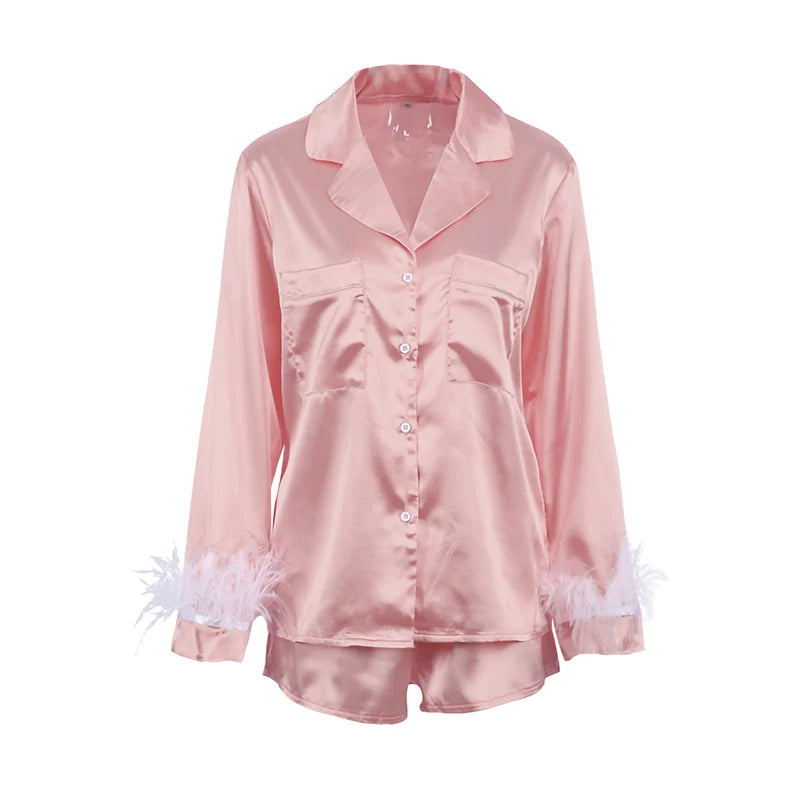 Patchwork Feather Cuffs Solid Color Long Sleeve Button Shirt with Short Pants Loose Loungewear