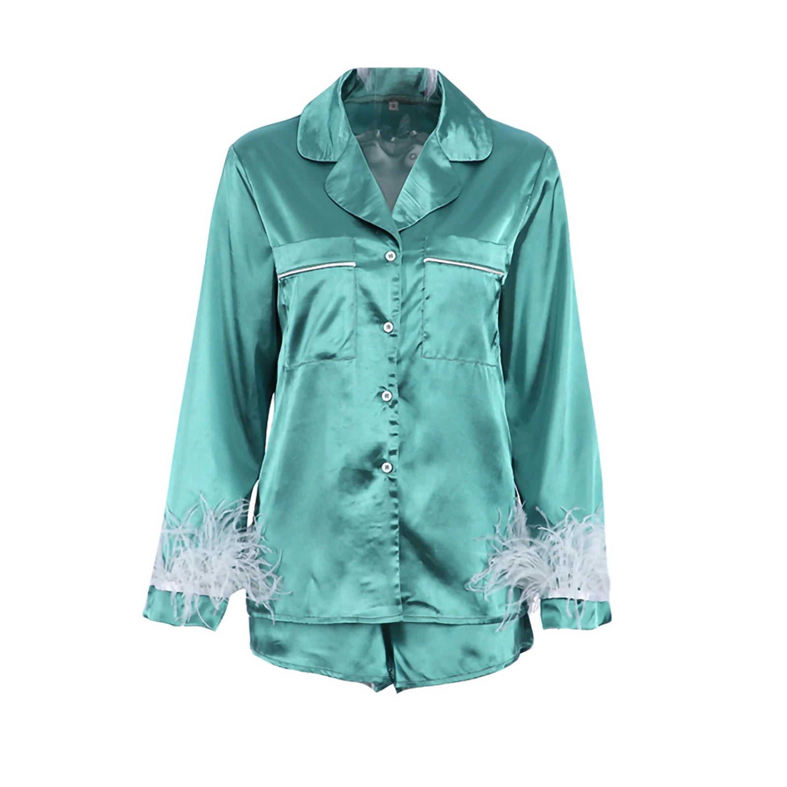 Patchwork Feather Cuffs Solid Color Long Sleeve Button Shirt with Short Pants Loose Loungewear