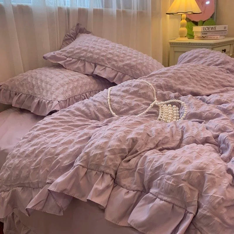 Solid Color Ruffles Lace  Kawaii Soft Sheet Duvet, Pillow & Quilt Cover