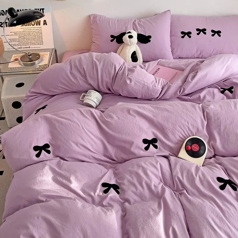 3D Embroidered Bow Quilt Set Cotton Pink Comfortable Soft Bedding