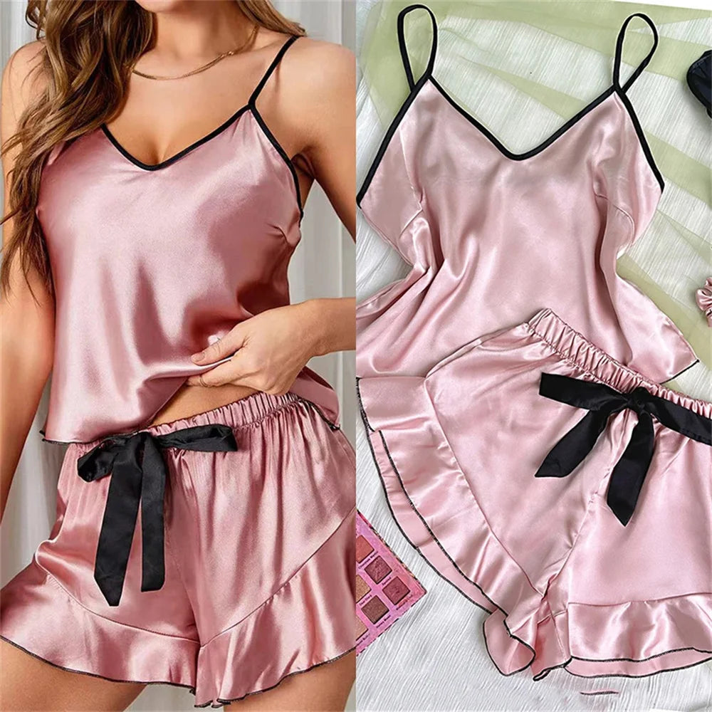 Smooth Satin Pajamas V-Neck T-Shirt Ruffled Edges And Bow Shorts Pajama Set