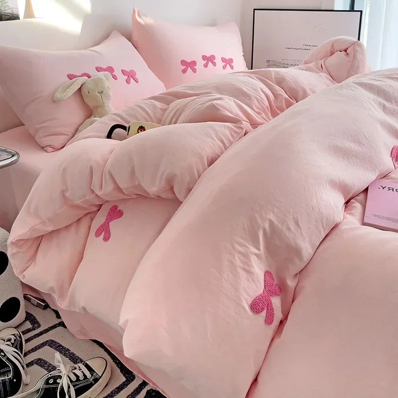 3D Embroidered Bow Quilt Set Cotton Pink Comfortable Soft Bedding