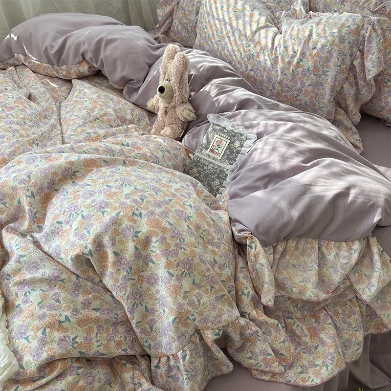 Princess Style Floral Ruffles Bedding Set Skin-friendly Soft Duvet Cover Set Bed Sheet Or Bed Skirt Pillowcases