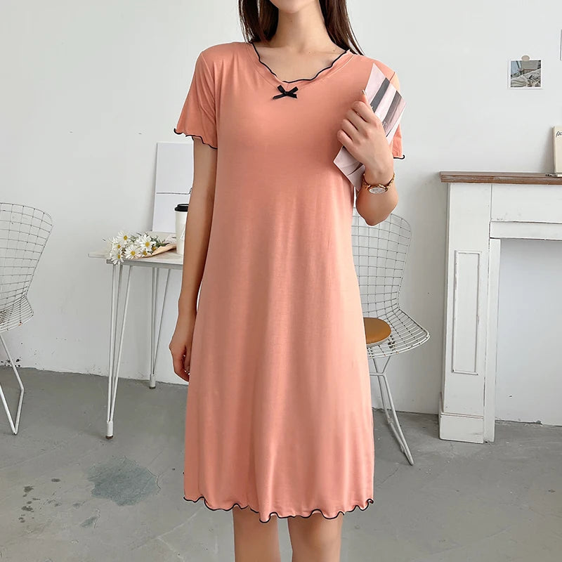 Loose Modal Short Sleeve Home Skirt A-Line Skirt Comfortable V-Neck Dress