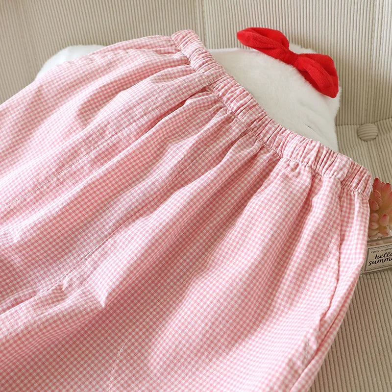 Loose Size Plaid Pajama Pants Elastic Waist Casual Homewear Women Nine-point Trousers