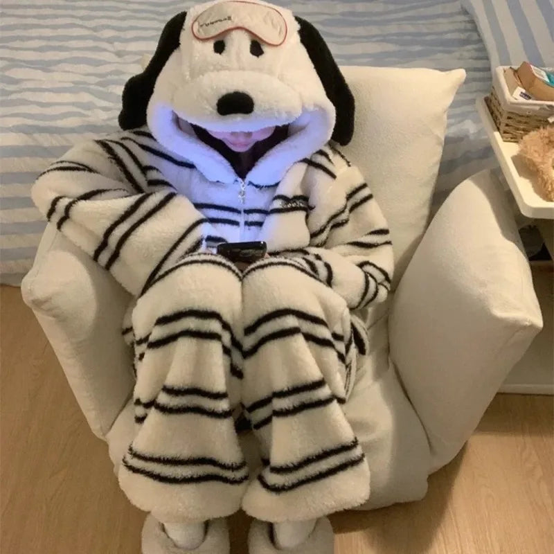 Cute Girl Cartoon Puppy Hooded Coral Fleece Loungewear Set
