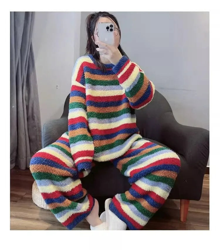 Cute Rainbow Pattern Simple Half-Fleece Warm Pajamas
