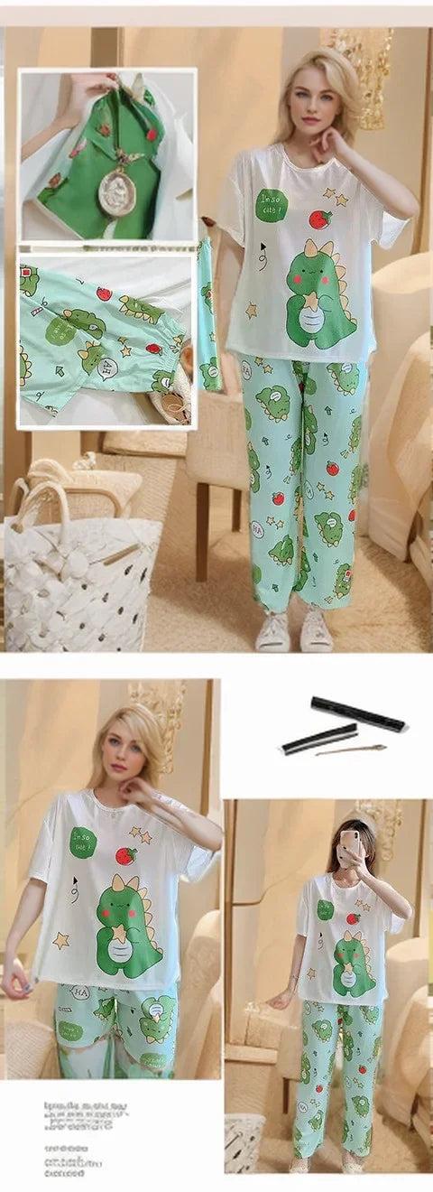 Large Size Short-Sleeved Loose 3PCS/Set Pajamas