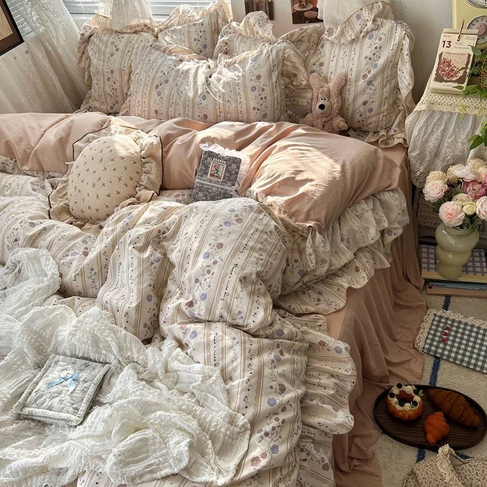 Princess Style Floral Ruffles Bedding Set Skin-friendly Soft Duvet Cover Set Bed Sheet Or Bed Skirt Pillowcases