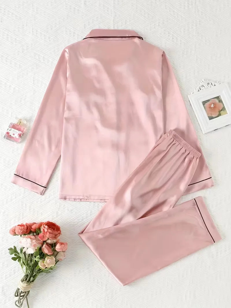 Silk Pajamas Set Casual Soft Breathable and Relaxed Fit Long Shirt Tops and Long Pants Sleepwear