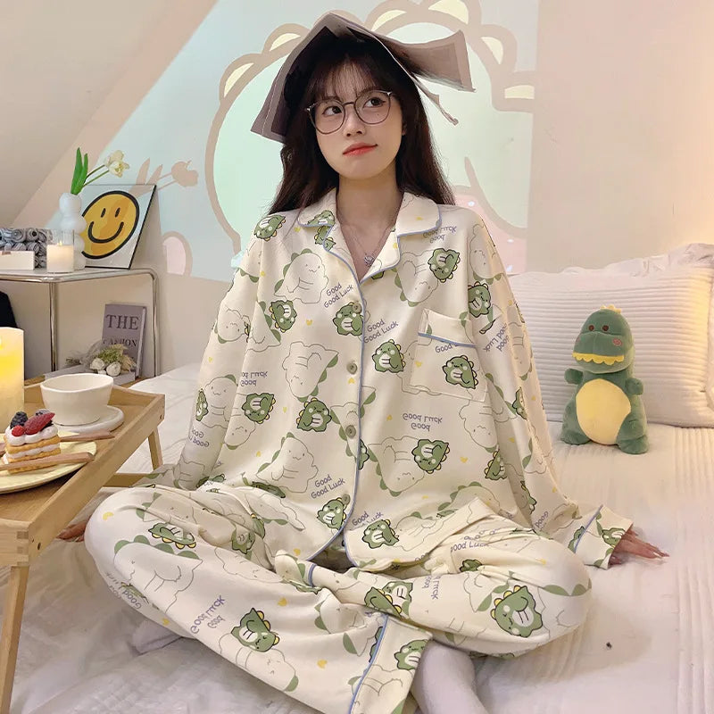 Women's Cardigan Long-sleeved Long Pants Cotton Comfortable Pajamas