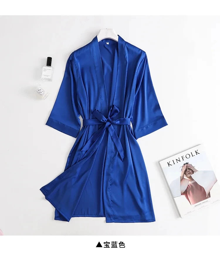 Ladies Bride- style Morning 3/4 Sleeve Loose Female Silk Satin Kimono Lingerie Gown