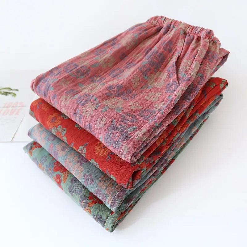 Jacquard Cute and Fresh Flower Pants 100% Cotton Loose Closing Home Pants