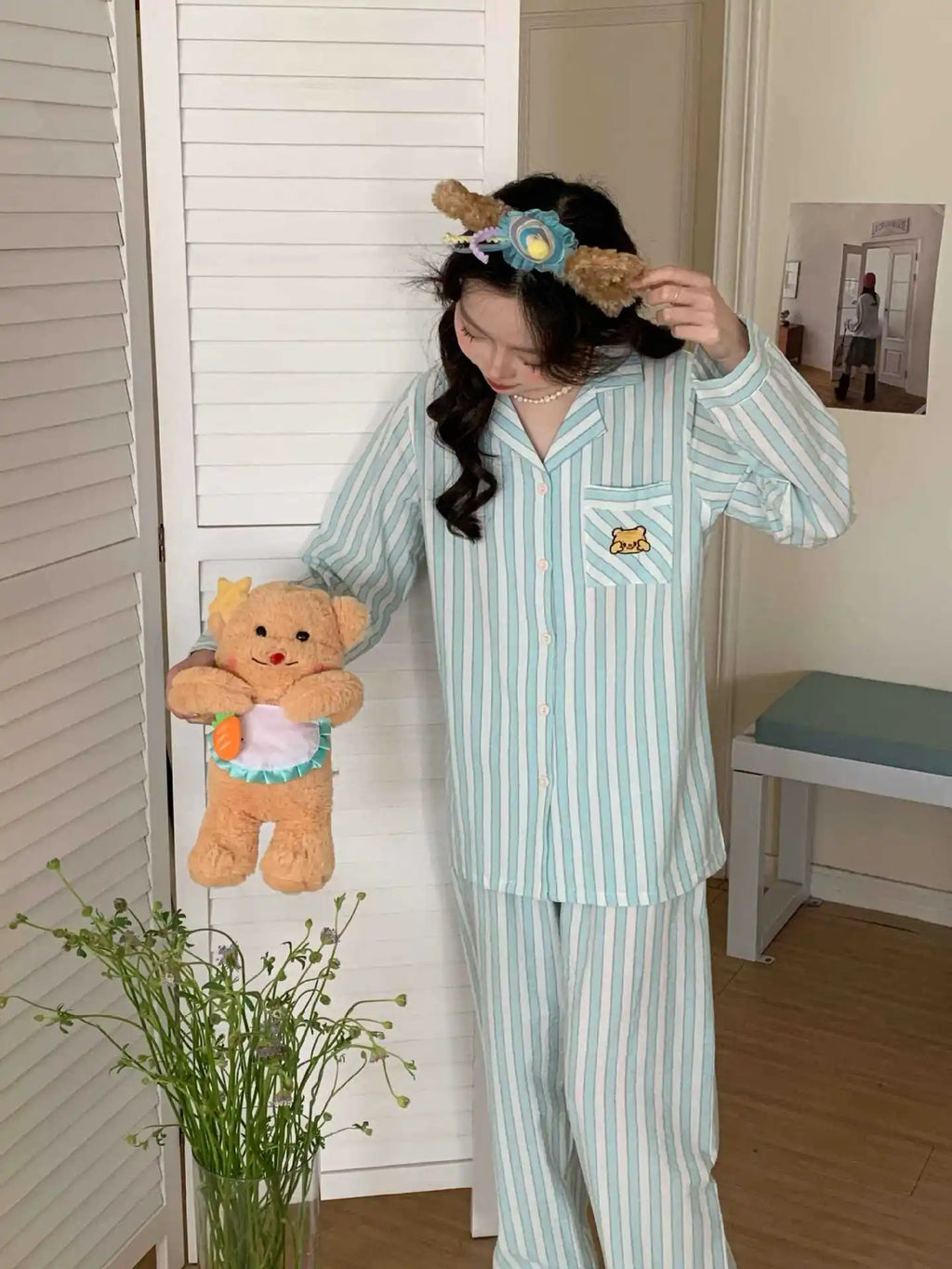 Japanese Style Women's Striped Pajama Set 100% Cotton Long Sleeve Long Pants Two Piece Set
